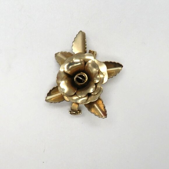 Vintage Rose Brooch Gold Tone Floral Brooch Leaf Accents Safety Clasp - Picture 1 of 7